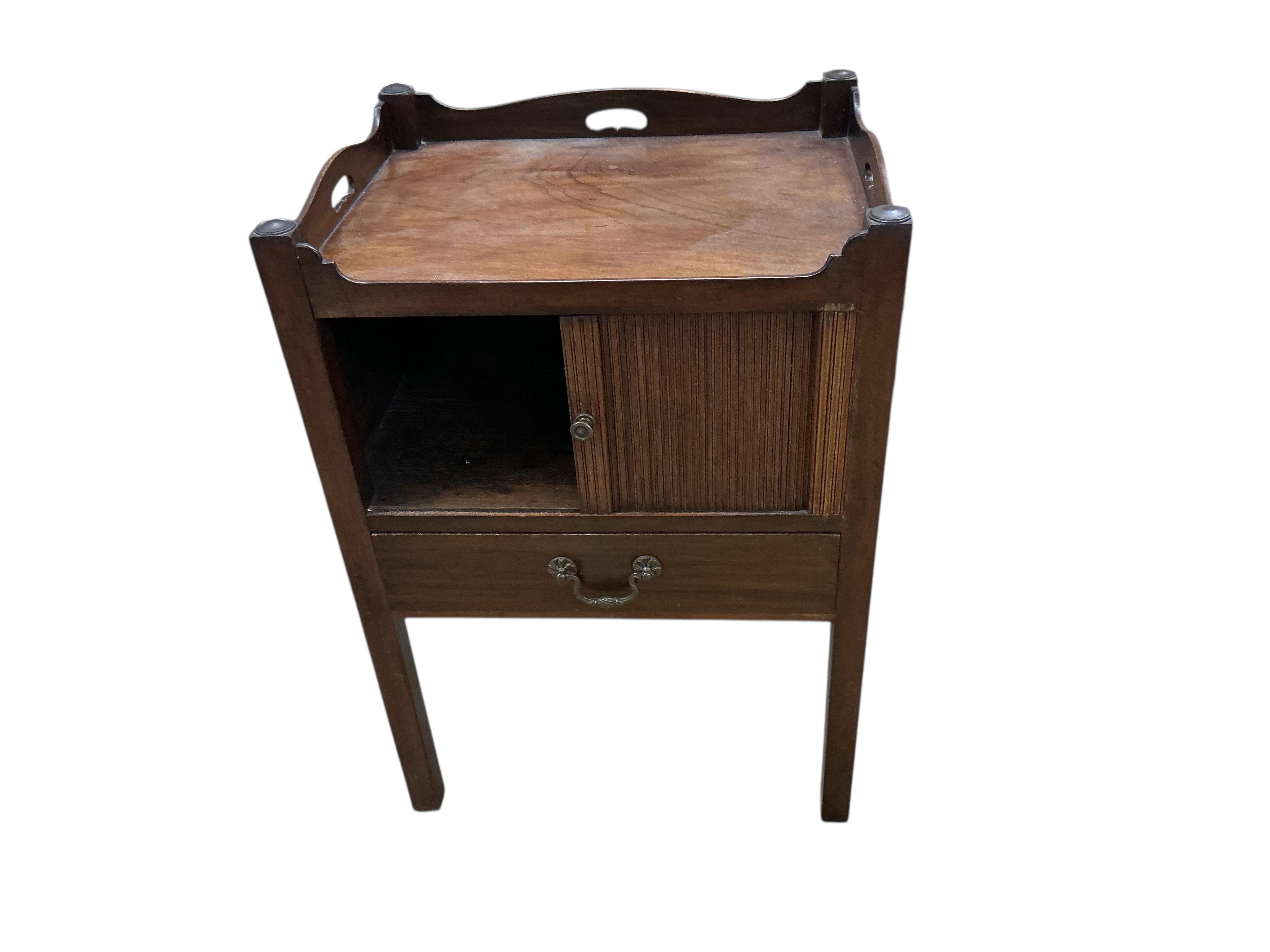 A George III style mahogany tray top tambour bedside cabinet, width 56cm, depth 45cm, height 79cm